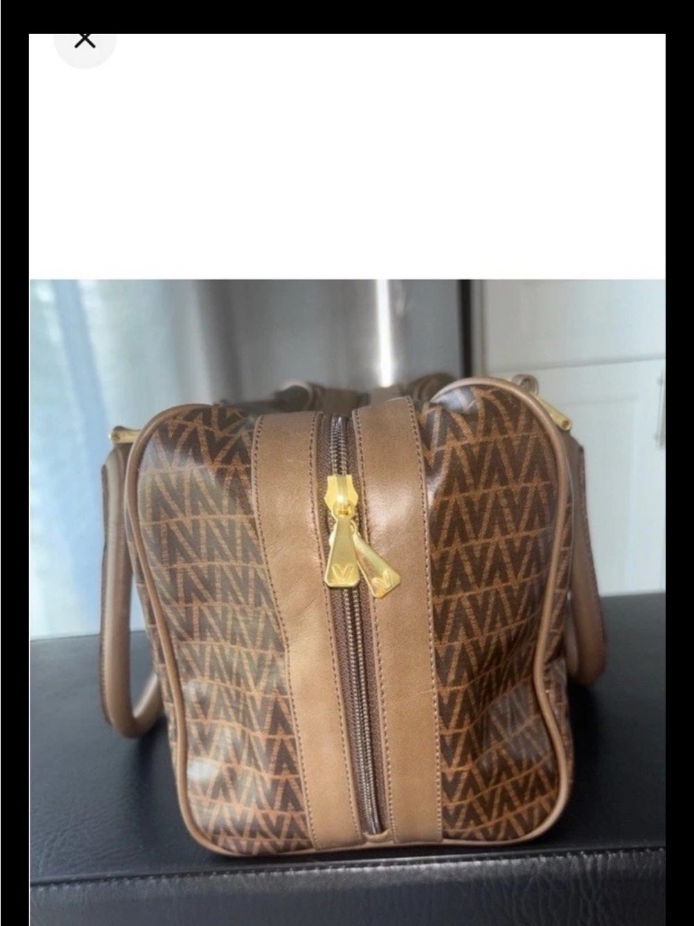 Mario Valentino Brown Monogram Satchel with Gold-Tone Accents - Picture 3 of 8